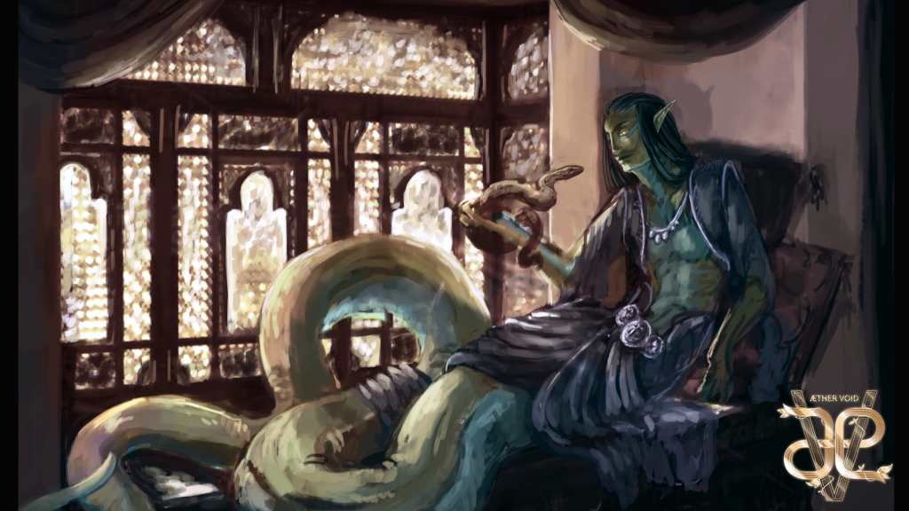 A Lamia adviser whispering instructions to a snake